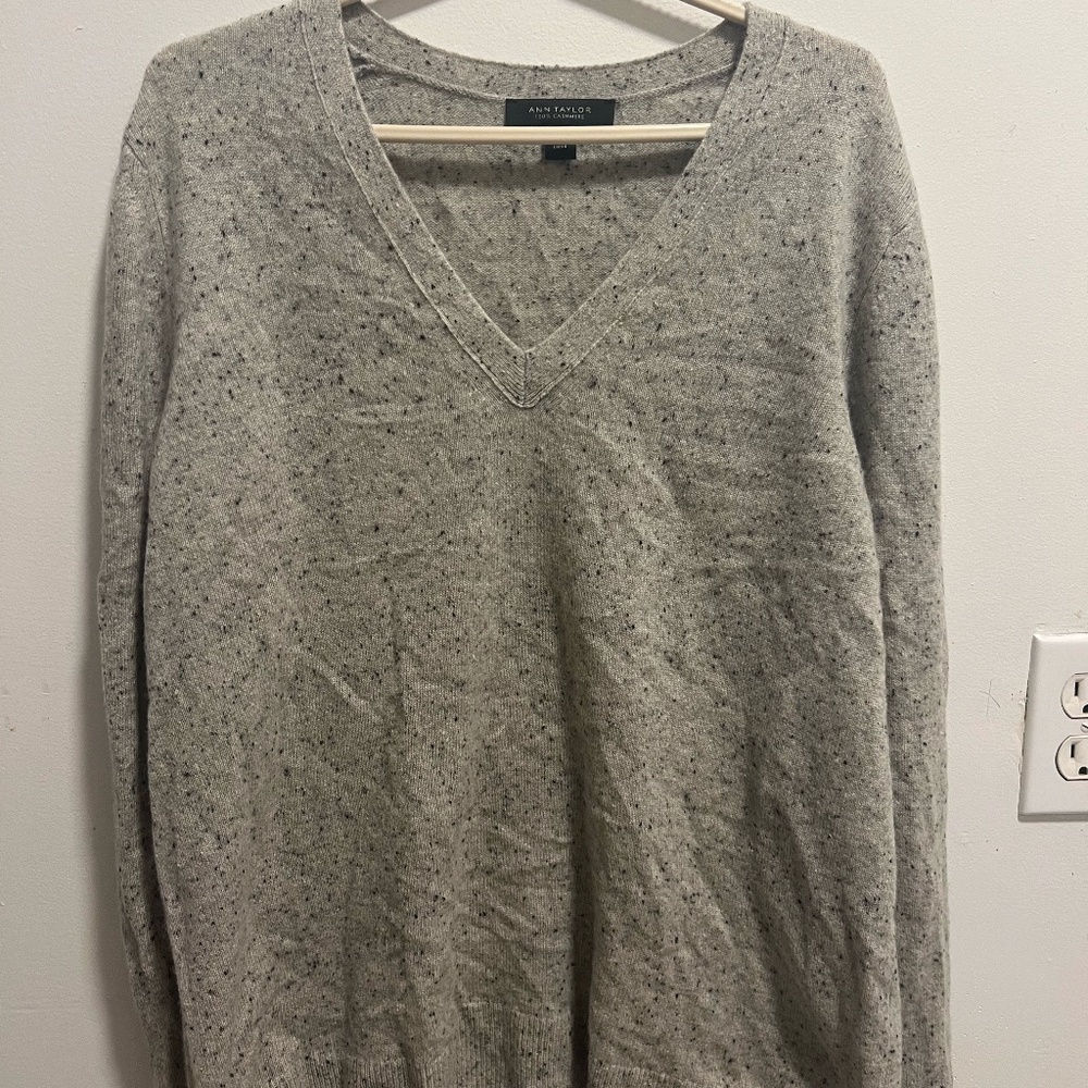 ANN TAYLOR 100% Cashmere V-Neck Sweater Gray Speckled Knit Pullover Size Large